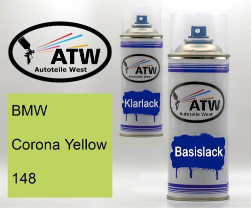 BMW, Corona Yellow, 148: 400ml Sprühdose + 400ml Klarlack - Set, von ATW Autoteile West.